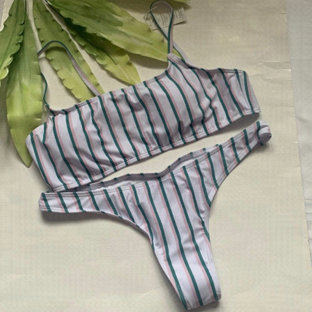 🌟SUMMER Mae Vertical Stripes Bandeau Top Brazilian Thong Bikini Set🌟